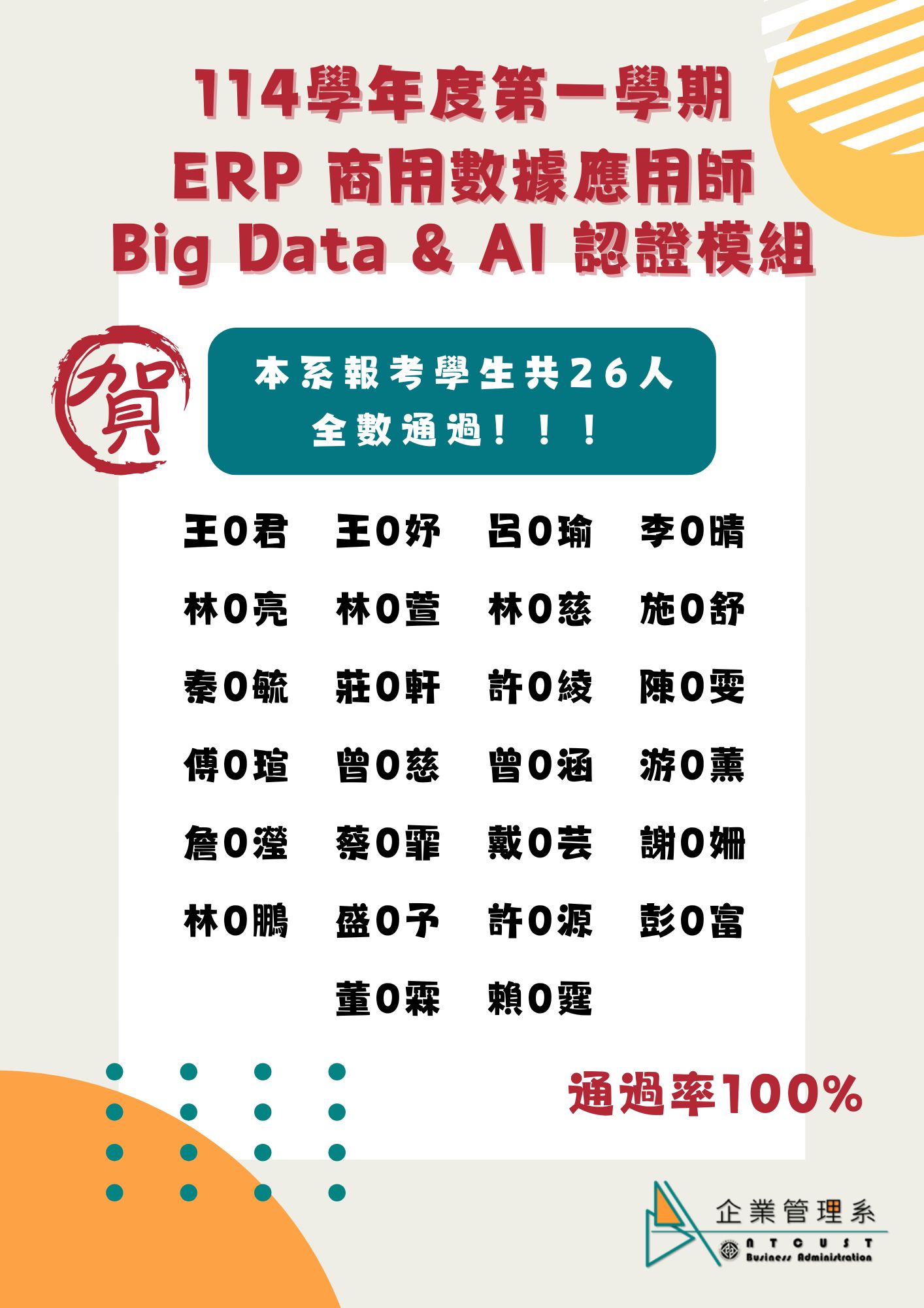 【恭賀】114學年度第一學期_ERP商用數據應用師證照